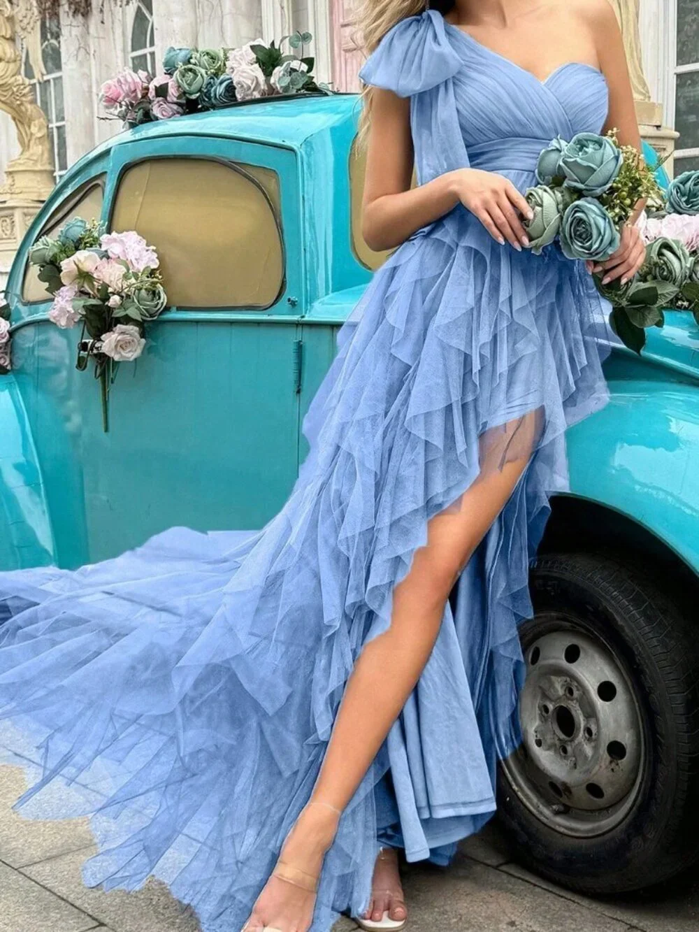Blue Party Women's Elegant Asymmetric Neckline one shoulder Formal Dress
